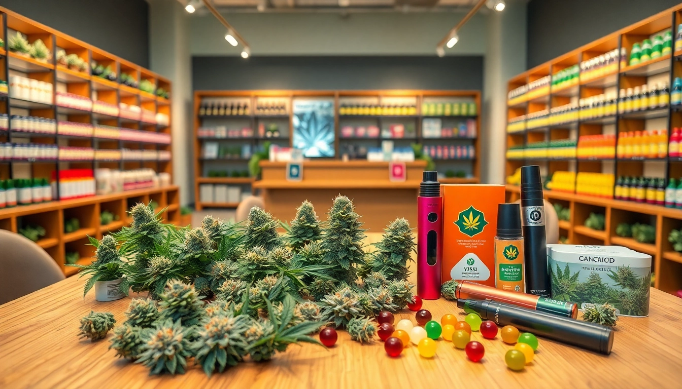 Engaging scene of buying weed online demonstrating a variety of cannabis products in a modern dispensary.