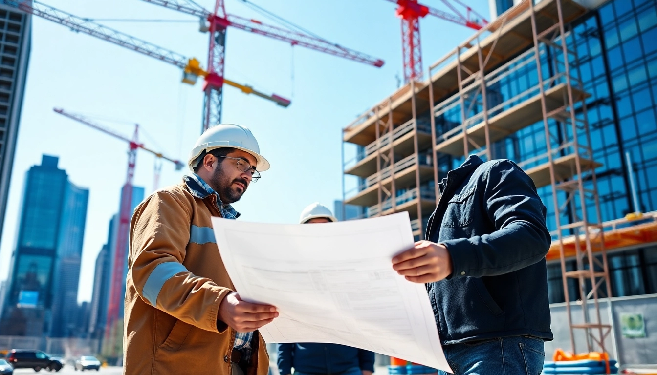 View of a Manhattan Commercial General Contractor collaborating on-site with a team and blueprints.