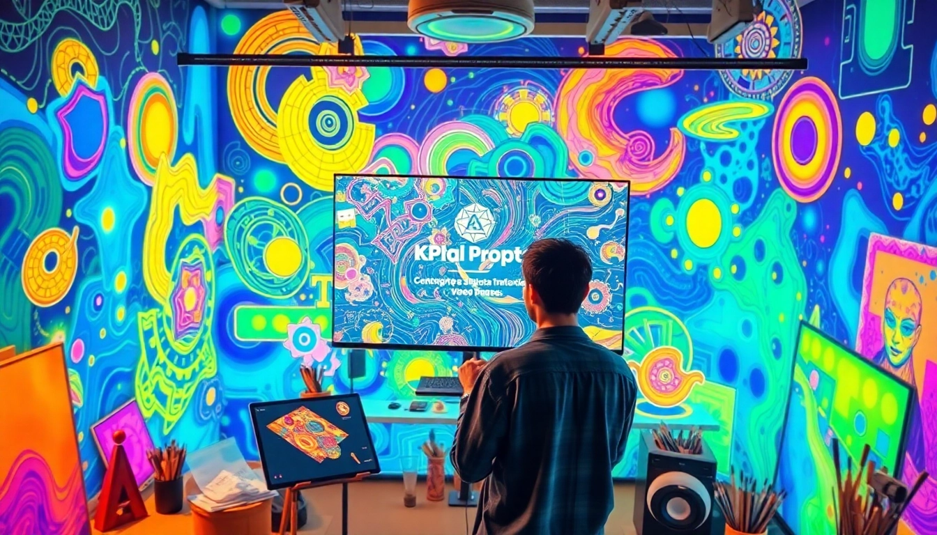 Generate stunning visuals with KlingAI Prompts displayed in a vibrant digital art studio.