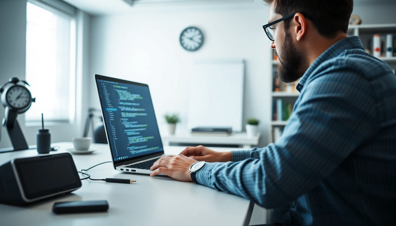Find a skilled wordpress developer near me working in a modern office setting.