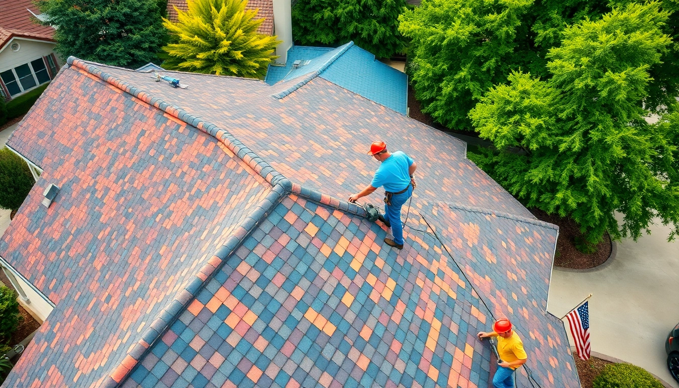Roof repair Vancouver Wa team actively fixing a shingle roof in bright daylight.