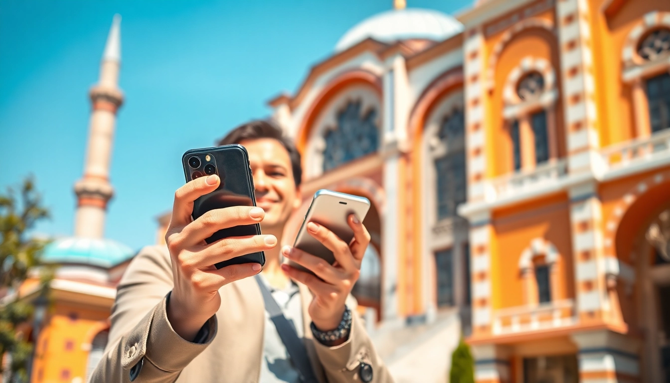 Attivare un turchia esim in un paesaggio urbano vibrante mentre si utilizza uno smartphone.