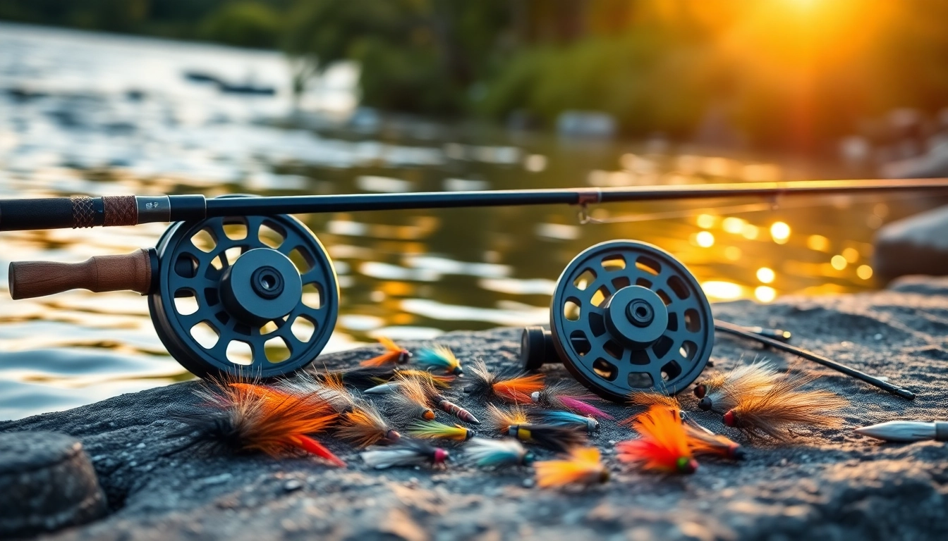 Showcased fly fishing kit with colorful flies and fishing gear on a calming riverbank.
