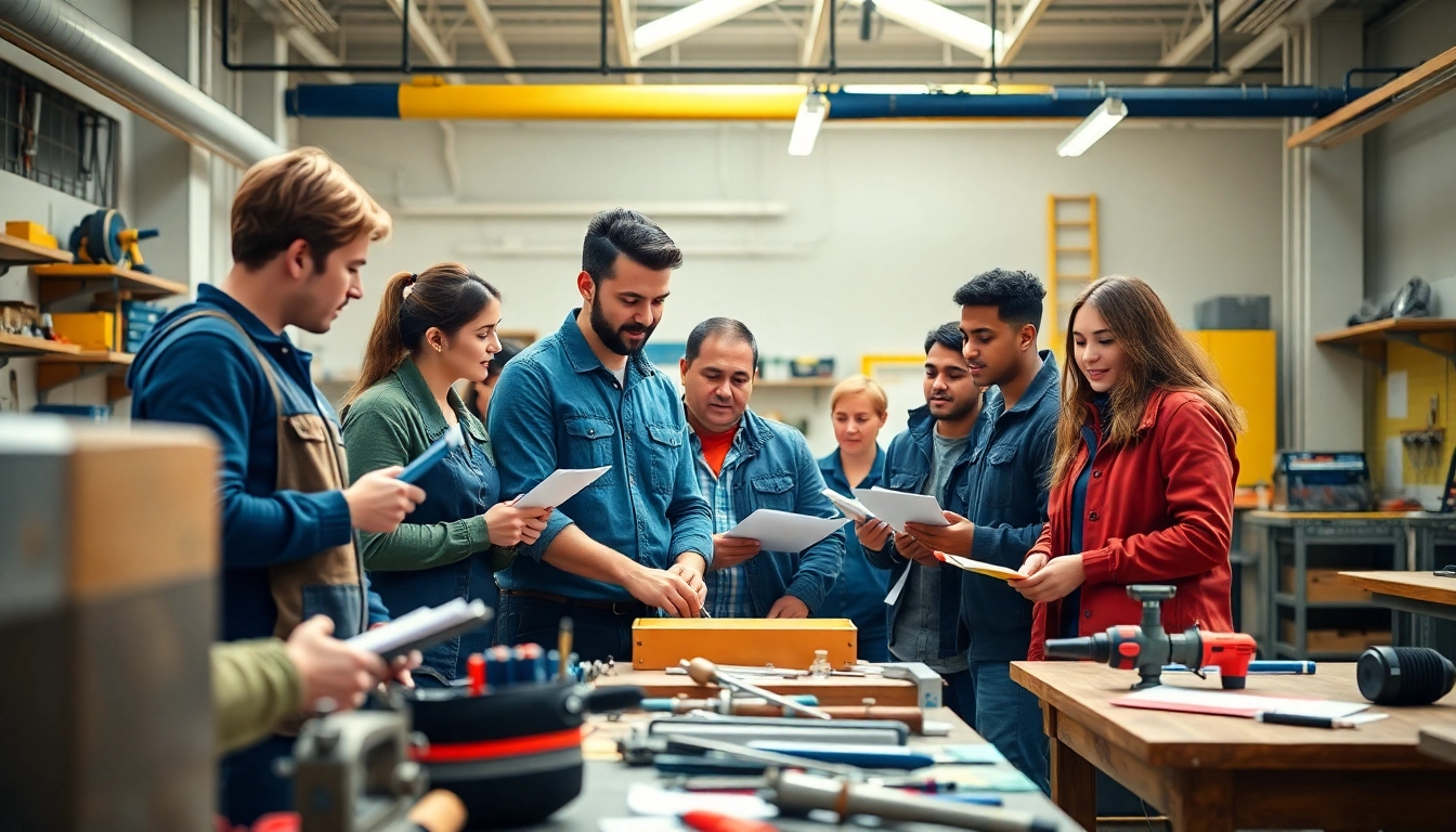 Students actively learning in an abc trade school workshop, showcasing collaboration and skills development.