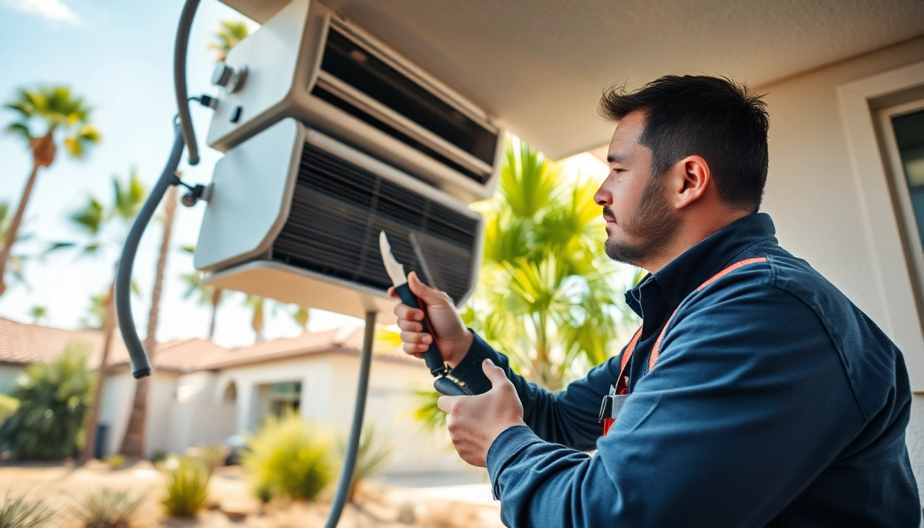 Expert technician servicing a Scottsdale AC unit in a bright, sunny neighborhood.