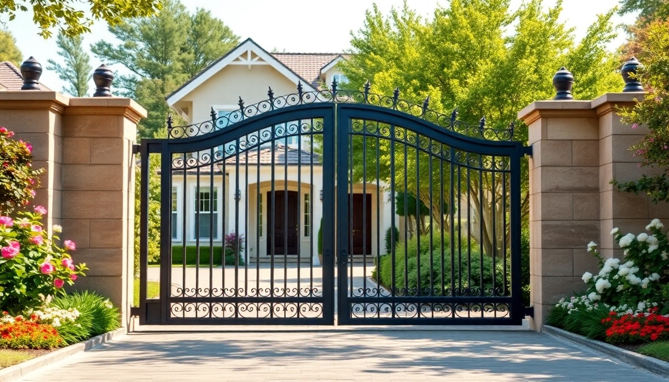 Showcasing elegant custom steel gates with intricate designs in a beautiful residential setting.