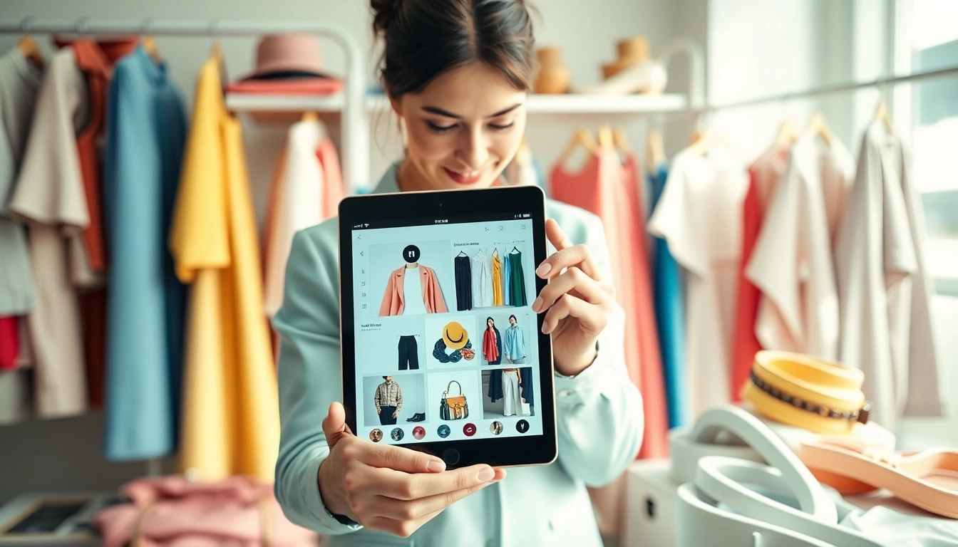 Showcase the best styling app interface alongside vibrant clothing displays.