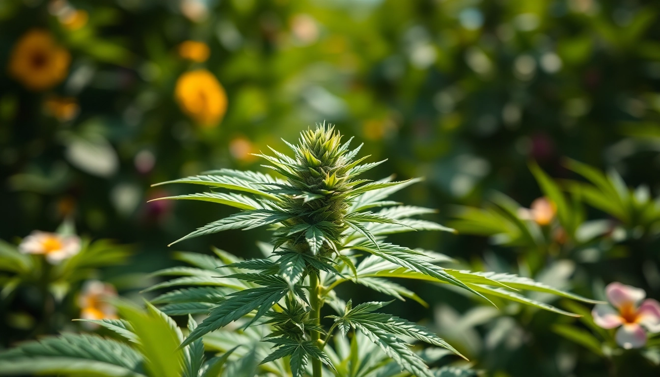 Highlighting the benefits of CBD UK through a vibrant cannabis plant in a tranquil garden.