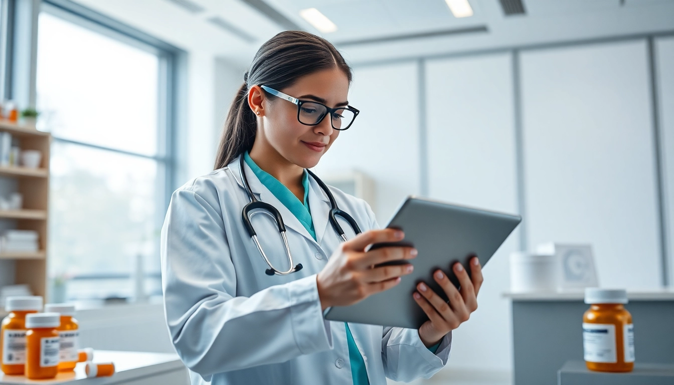 Health professional demonstrating top rated prescription applications in a modern clinic.