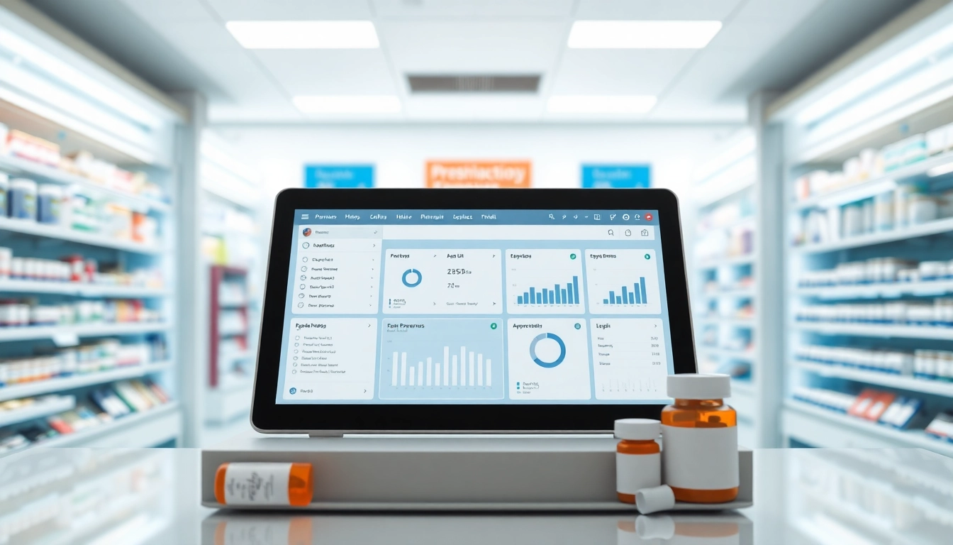 Showcasing top rated prescription applications on a digital device in a modern pharmacy setting.
