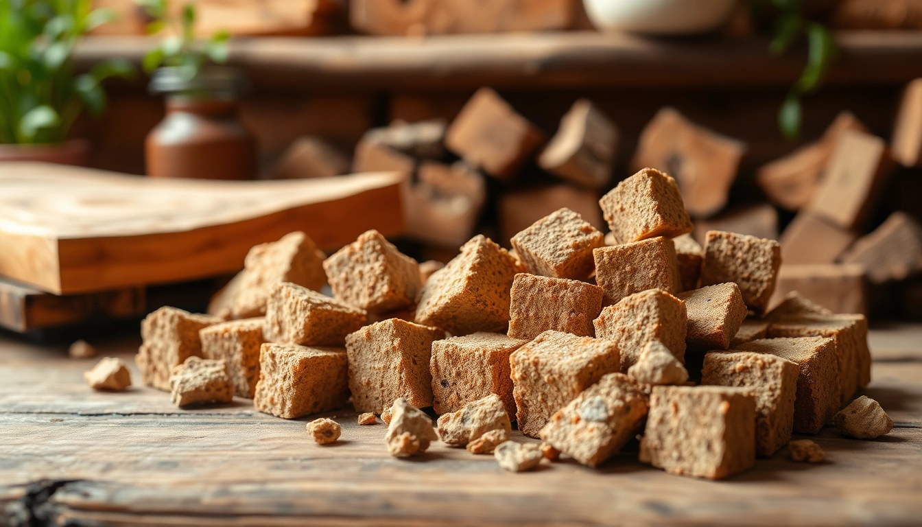 Consistently arranged briquettes showcasing texture details in a rustic setting.