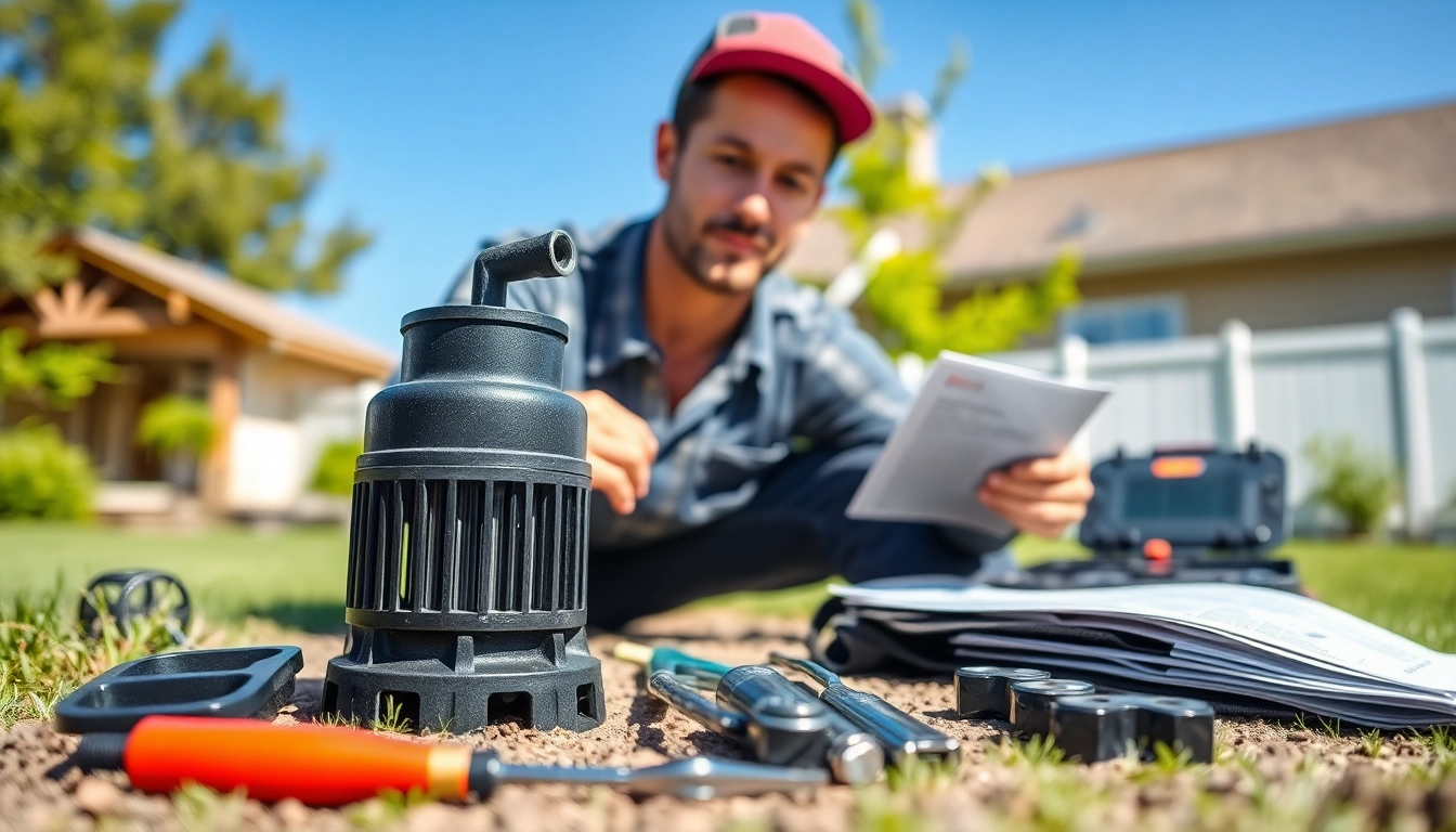 Technician performing well pump replacement in a residential backyard with tools and equipment.