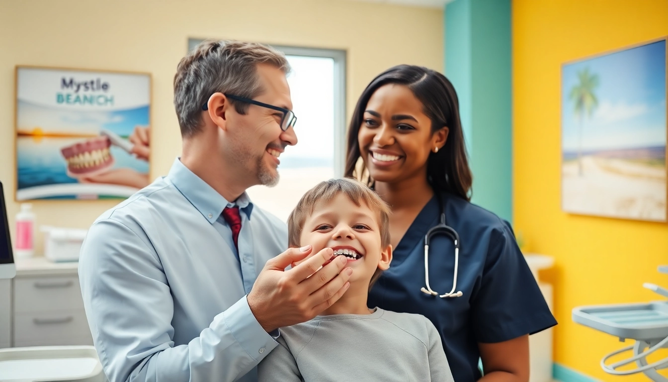 Engaging orthodontist Myrtle Beach demonstrating clear braces to a child in a welcoming clinic.
