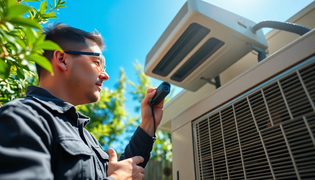 Fixing AC repair Glendale AZ with a technician inspecting a unit in a yard, showcasing professionalism and expertise.