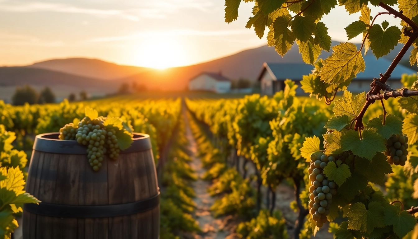 Grapevines and a rustic barrel in Winery Sacramento during sunset.