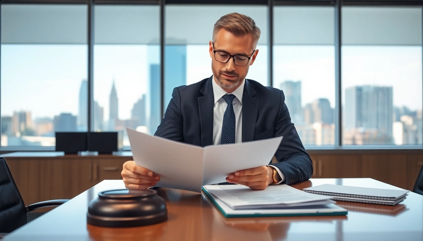 Eminent domain lawyer confidently reviewing legal documents in a modern office setting.