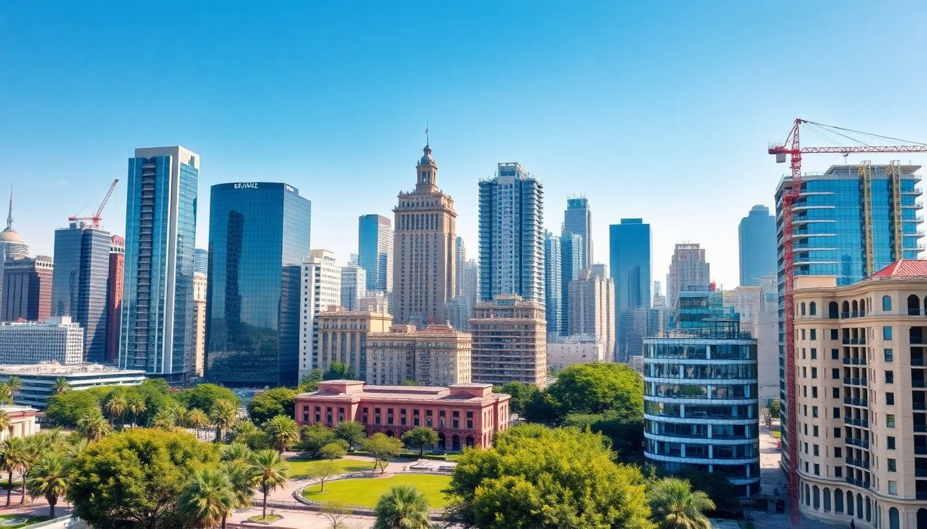 Visual representation of international real estate development with diverse architectural styles and urban growth.