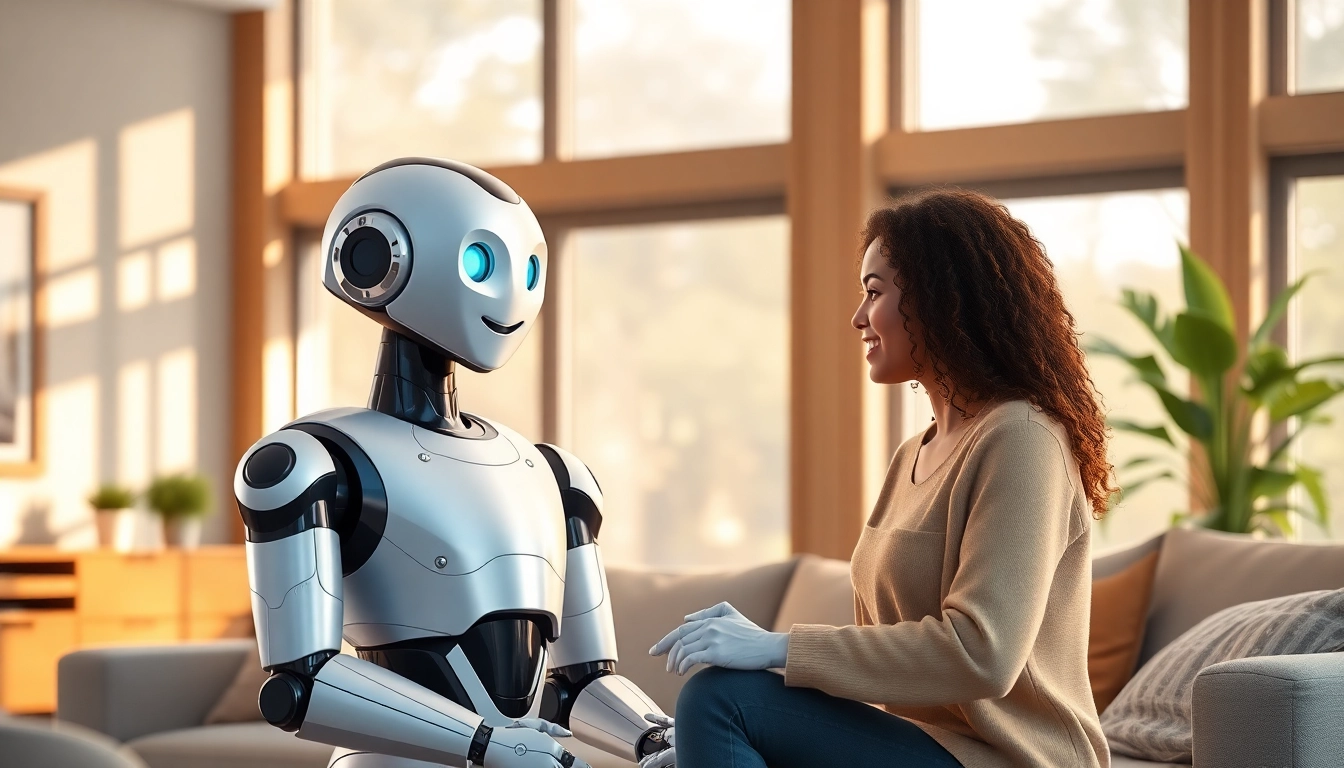 Engage with an AI companion unlimited in a cozy setting featuring a humanoid robot and a diverse human.